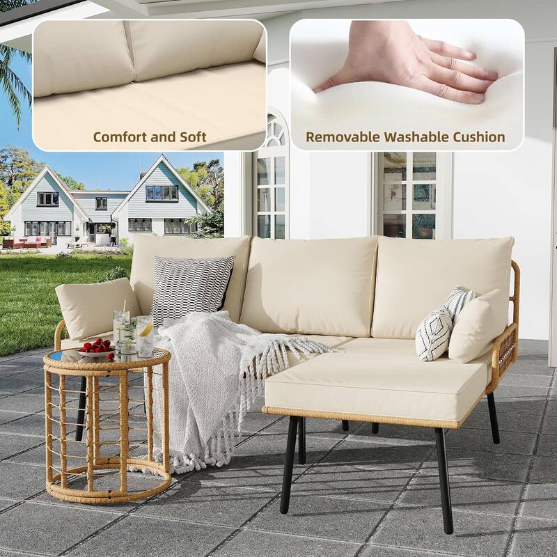 3-Piece L-Shaped Patio Furniture Set with Washable Cushions and Coffee Table