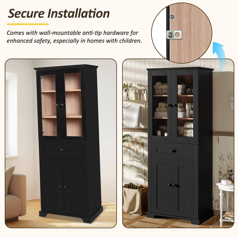 67.2"Tall Bathroom Storage Cabinet with Glass Doors, Adjustable Shelves & Drawer -Freestanding Linen Tower, Soft-Close Design