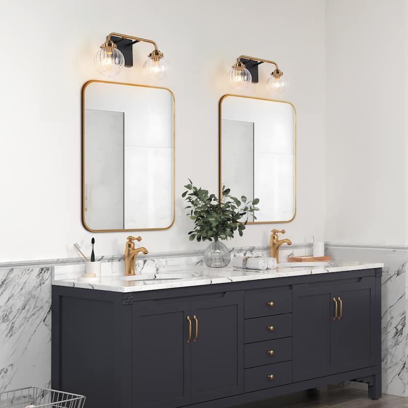 Modern 2-Light Black Gold Bathroom Vanity Light Ribbed Glass Wall Sconce