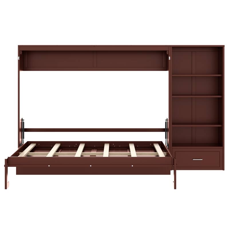 Queen Size Foldable Platform Bed With Height Adjustable Storage Compartments And Shelf,Wall Bed Frame With 1 Drawer