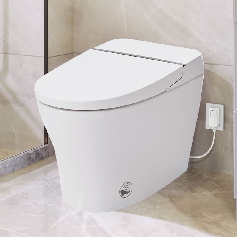 Smart Toilet Bidet Combo,Self-Cleaning Nozzle,Dual Flush 1/1.28 GPF,Tank less,Foot sensor Flush,Knob,Power Outage Flushing - White