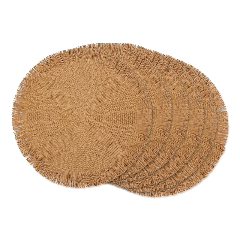 Woven Fringed Round Placemats - 15" - Hazelnut Brown - Set of 6