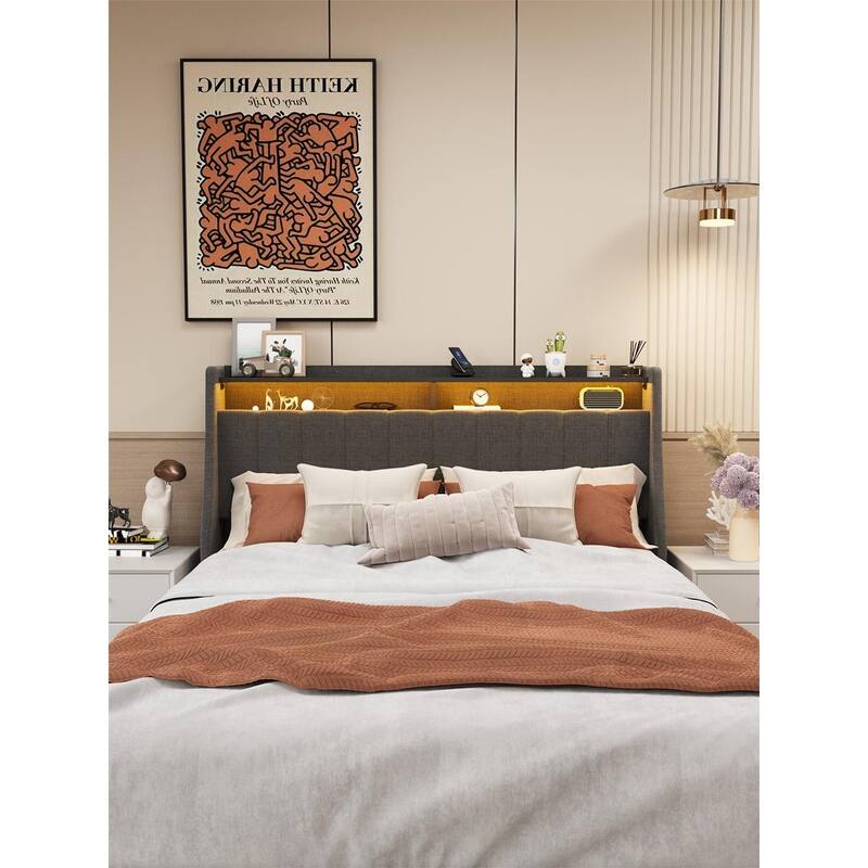 Wingback Headboard Upholstered Platform Bed Frame with 4 Drawer