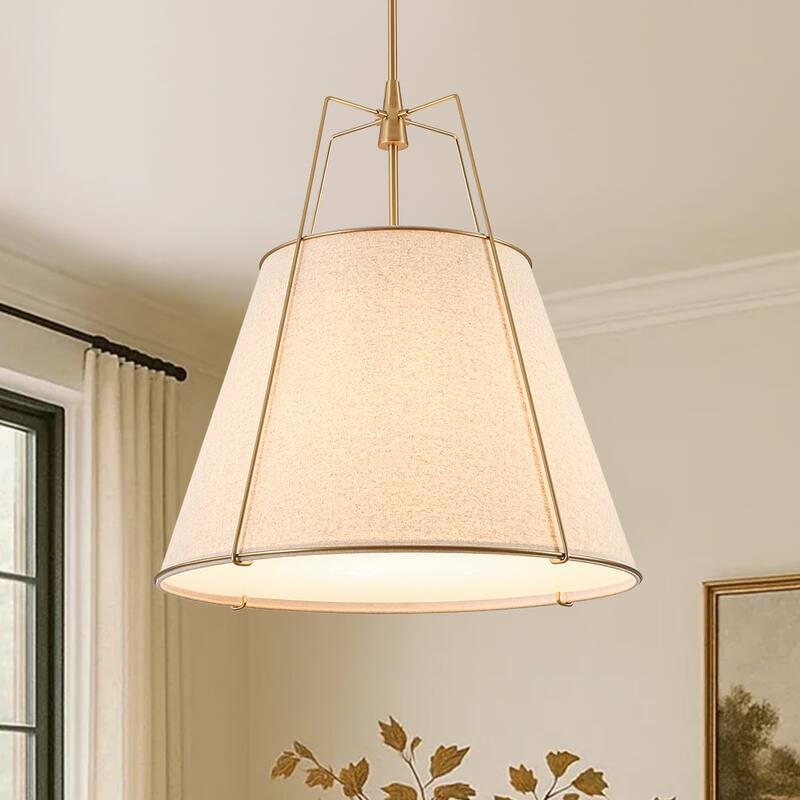 Mid Century 4-Light Conical Ivory Linen Lantern Pendant Ambient Light - 23in - Brass Finish