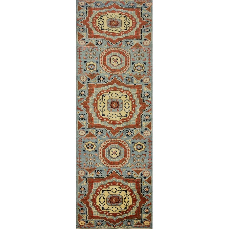 Hand Knotted Oriental 100% Wool Carpet Traditional Geometric Navy Blue & Blues Kazak Runner Rug - 7' 11'' X 2' 5''