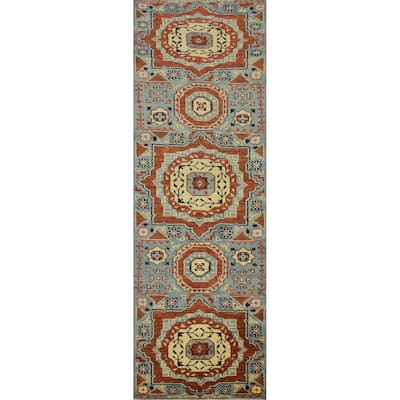 Hand Knotted Oriental 100% Wool Carpet Traditional Geometric Navy Blue & Blues Kazak Runner Rug - 7' 11'' X 2' 5''