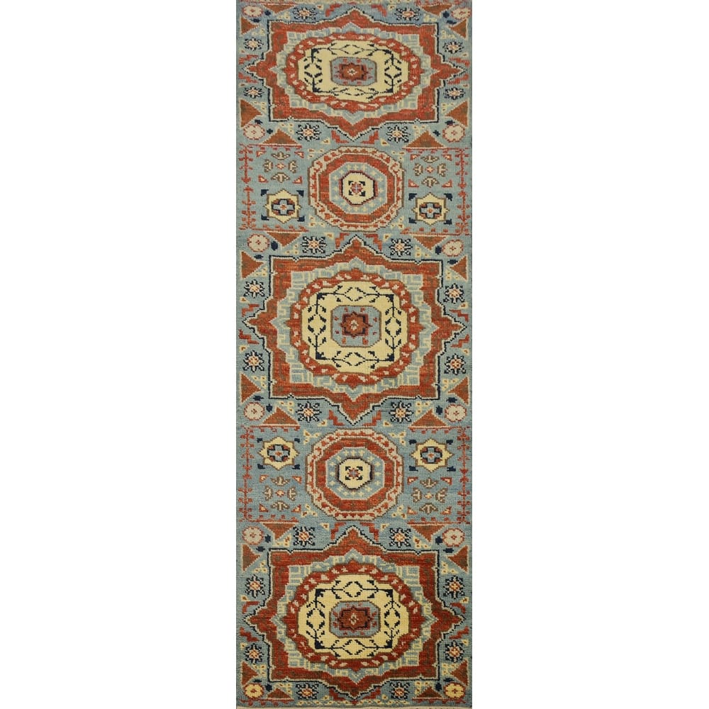 Hand Knotted Oriental 100% Wool Carpet Traditional Geometric Navy Blue & Blues Kazak Runner Rug - 7' 11'' X 2' 5''