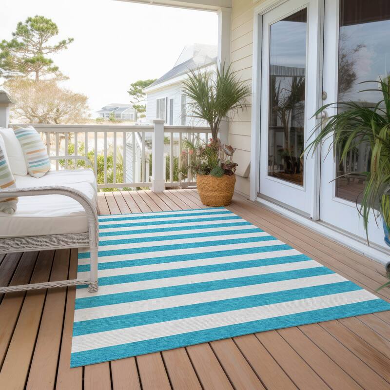 Machine Washable Indoor/ Outdoor Cabana Striped Chantille Rug - Teal - 8' x 10'
