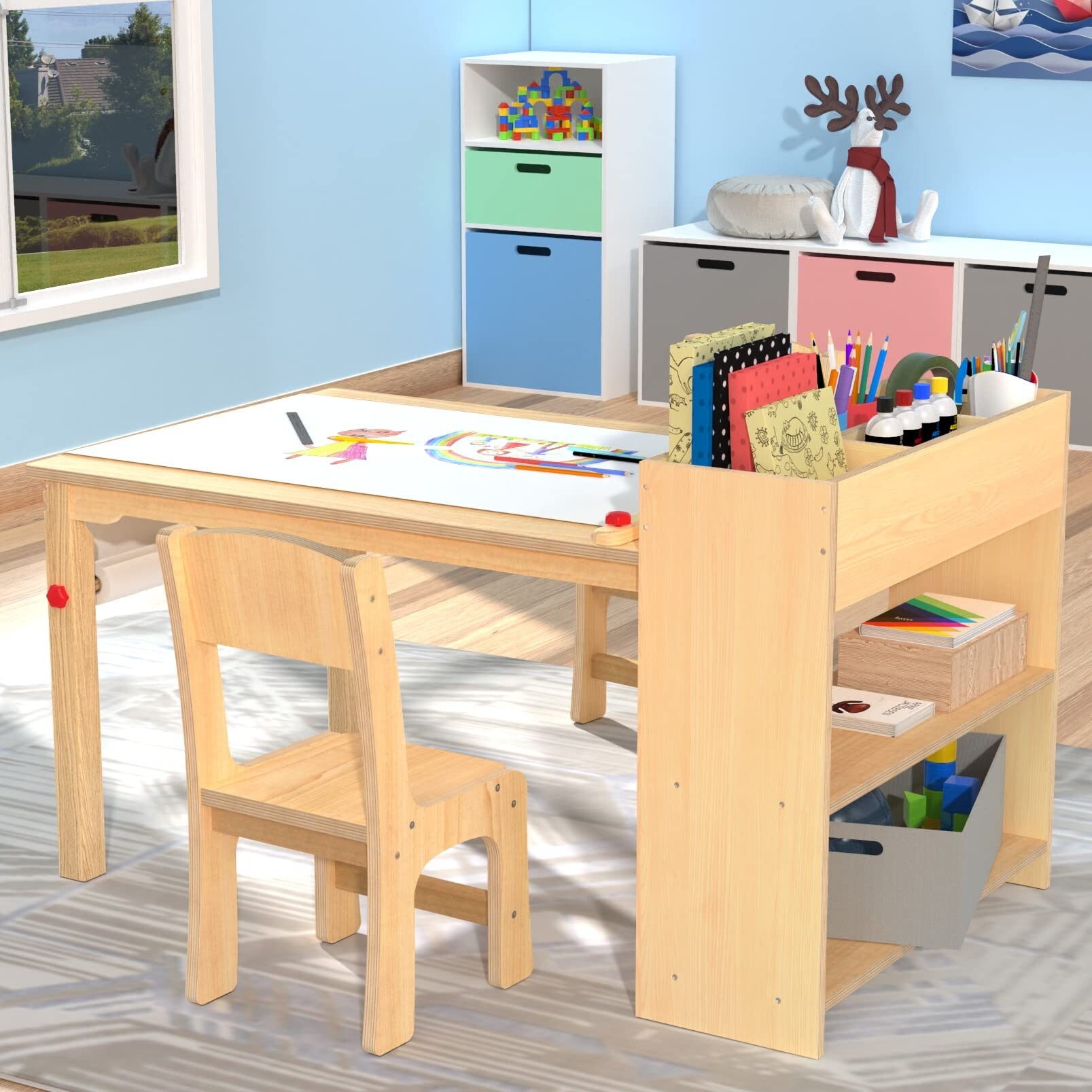 Kids Art Table and 2 Chairs Wooden Drawing Desk Activity