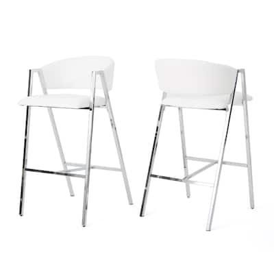 Zoy Barstool Chair Set of 2, Ivory Faux Leather, Chrome Metal Frame
