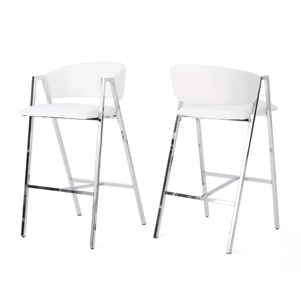Zoy Barstool Chair Set of 2, Ivory Faux Leather, Chrome Metal Frame