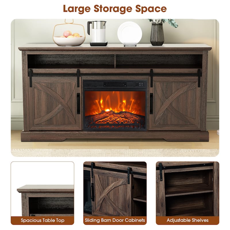 68" Farmhouse Dark Brown Electric Fireplace TV Stands Console for 78-inch TV with Remote