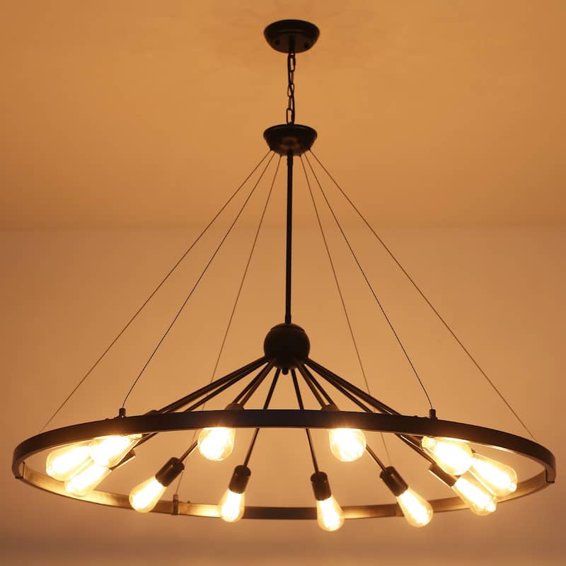 12-Light W43.3" x H90.55" Wagon Wheel Chandelier for Study Bedroom