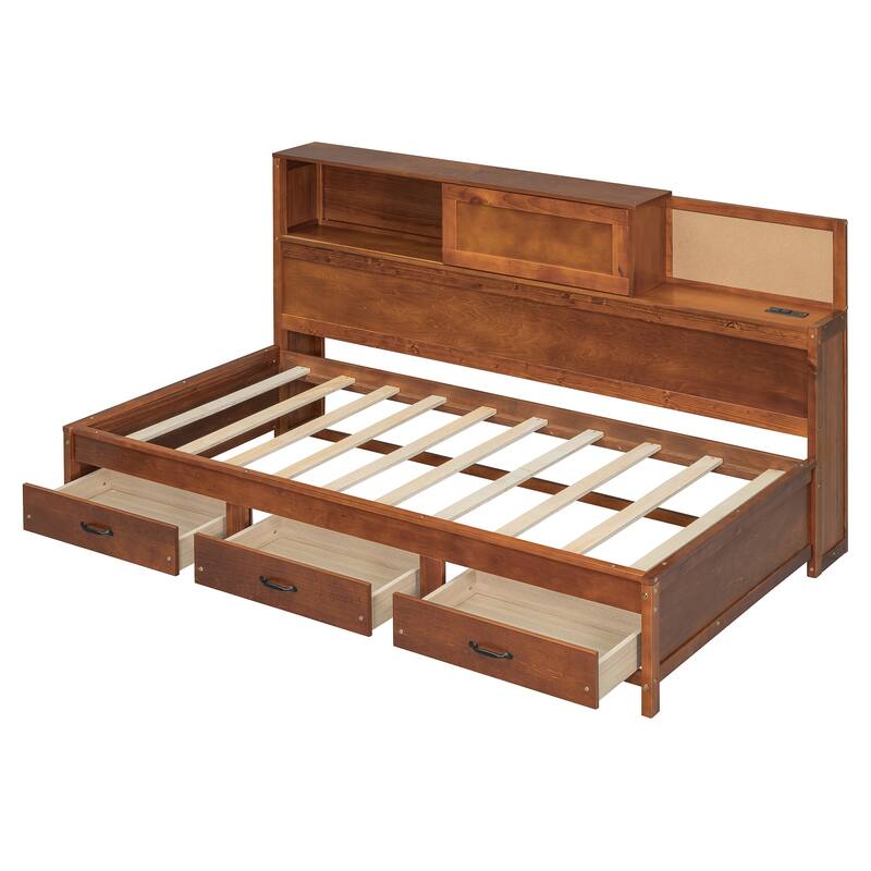 Wooden Daybed With 3 Storage Drawers, Upper Soft Board, Shelf, And A Set Of Sockets And Usb Ports