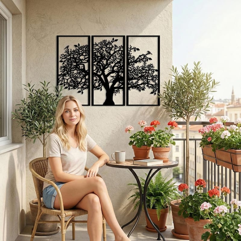 Tree of Life 3 Panels Metal Wall Decor for Home and Outside - Wall-Mounted Geometric Wall Art Decor