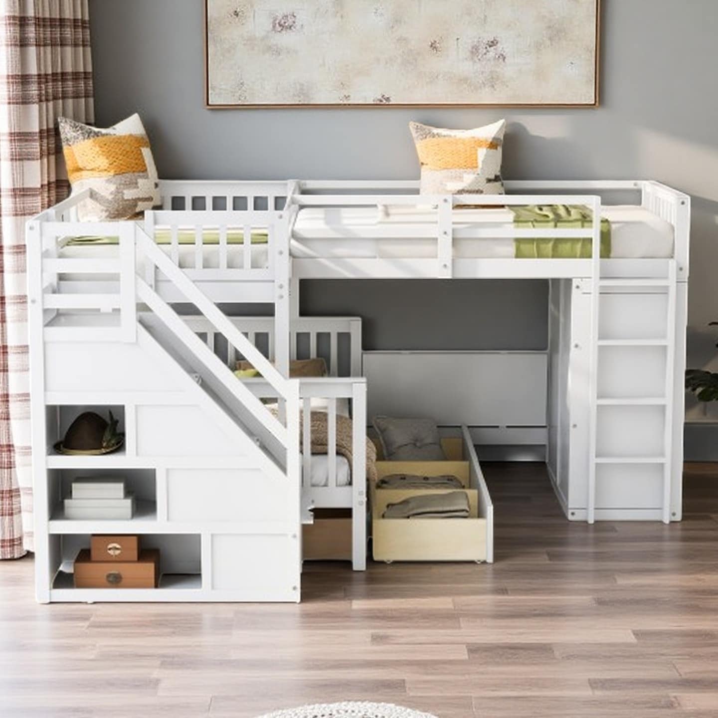 Twin Over Full L-Shaped Bunk Bed with Built-In Desk, 3 Staircase Drawers, Wardrobe Storage