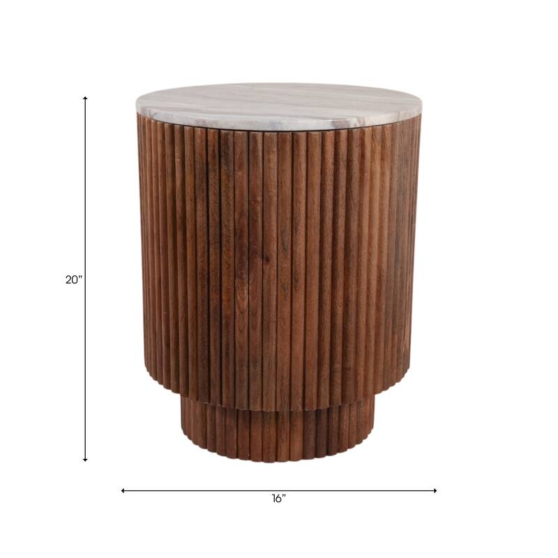 Mango Wood Marble Accent Table Marble Top Fluted Base - 20" Ivory - 16" x 16" x 20"