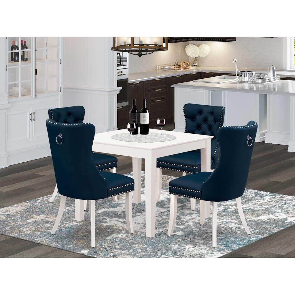 5-Piece Linen White Finish Solid Wood Top - Square Upholstered Dining Room Set - Seats 4