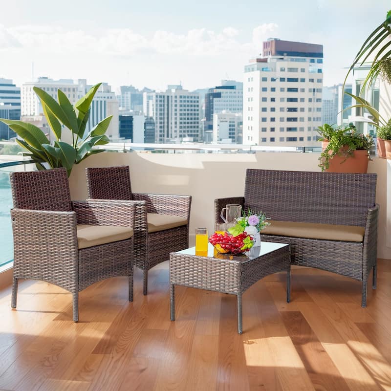 4 Piece Outdoor Patio Furniture Set With Cushions, Patio Wicker Conversation Set & Glass Coffee Table