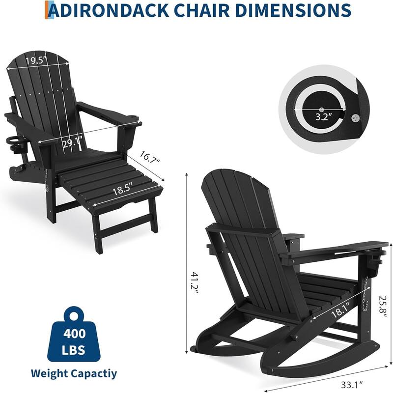 Adirondack Rocking Chair with Ottoman Folding HDPE Outdoor Chair All-Weather