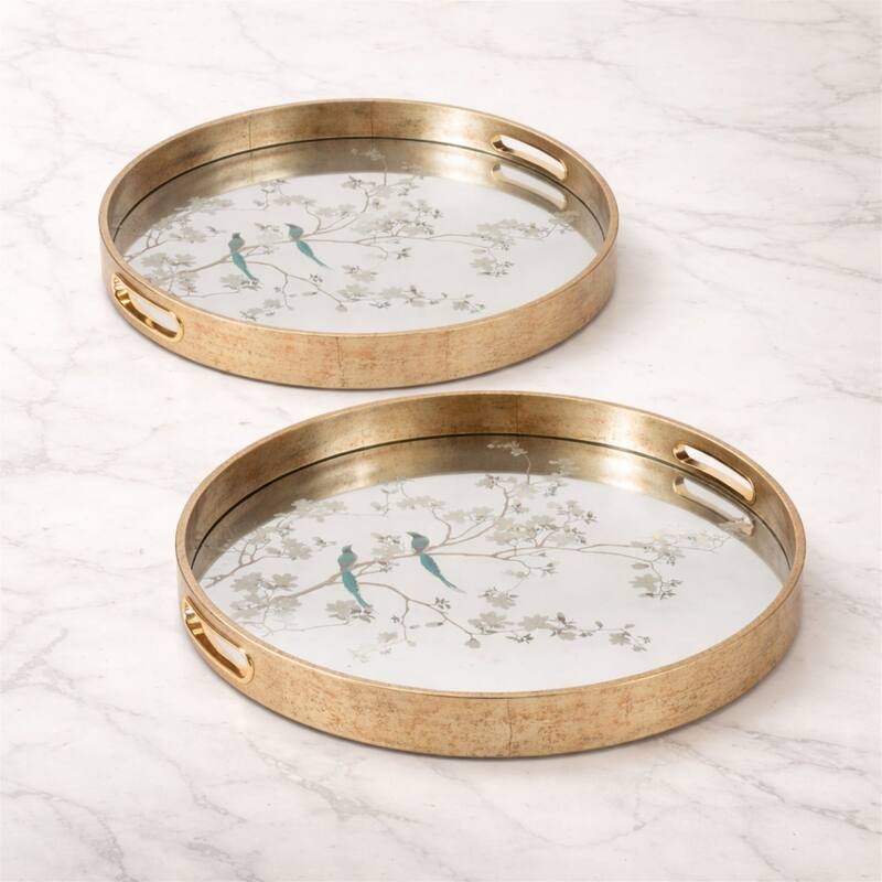 Bird and Floral Etched Mirror Tray (Set of 2)