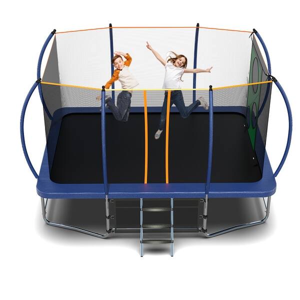 slide 2 of 7, Rectangular Trampoline Gauge Galvanized Rust Resistance Steel Construction With Basketball Hoop System Advanced Ladder - Blue