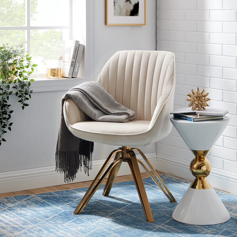 Art Leon Classical Velvet Swivel Office Accent Chair with Golden Legs - Golden Legs - OFF WHITE