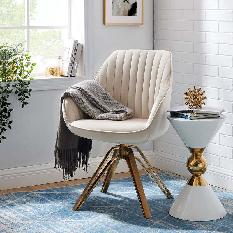 Art Leon Classical Swivel Office Accent Arm Chair with Golden Legs - Golden Legs - OFF WHITE