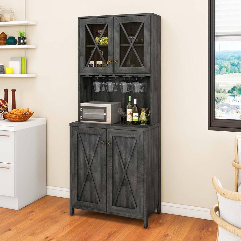 Moasis Coffee Bar Cabinet Kitchen Storage Cabinet with 2 Glass Doors & Wine Racks - Grey