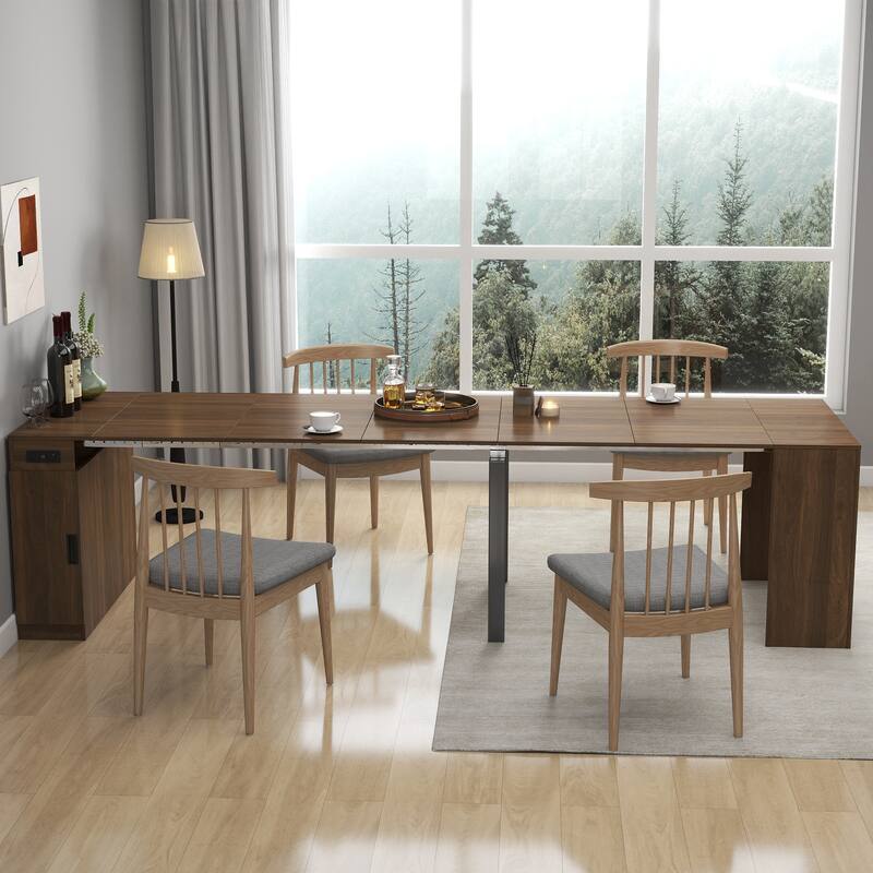 Modern Multifunctional Extendable Dining Table With Outlet,Space Saving Expanding Table With Storage