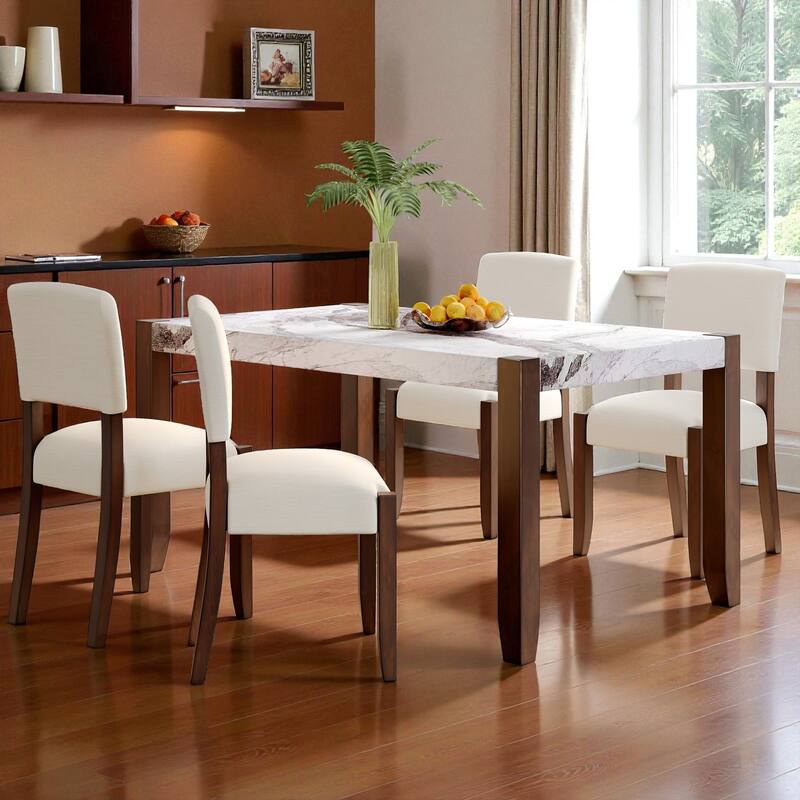 5-Piece 46" Faux Marble Dining Table Set with 4 Upholstered Chairs, Modern Rubberwood Dinette Set for Kitchen or Dining Room
