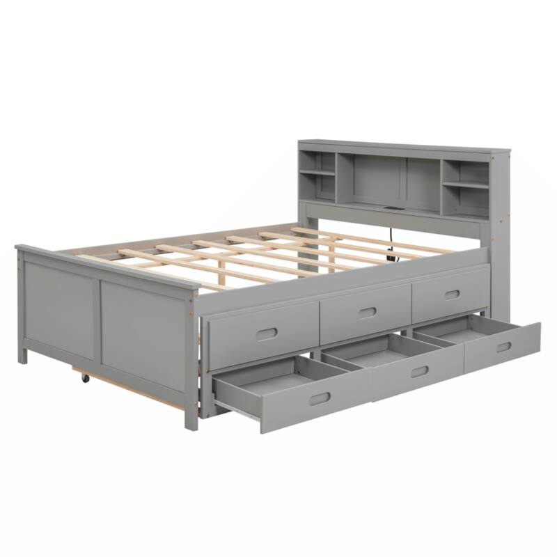 Full Size Platform Bed with Storage Headboard, USB, Twin Size Trundle and 3 Drawers
