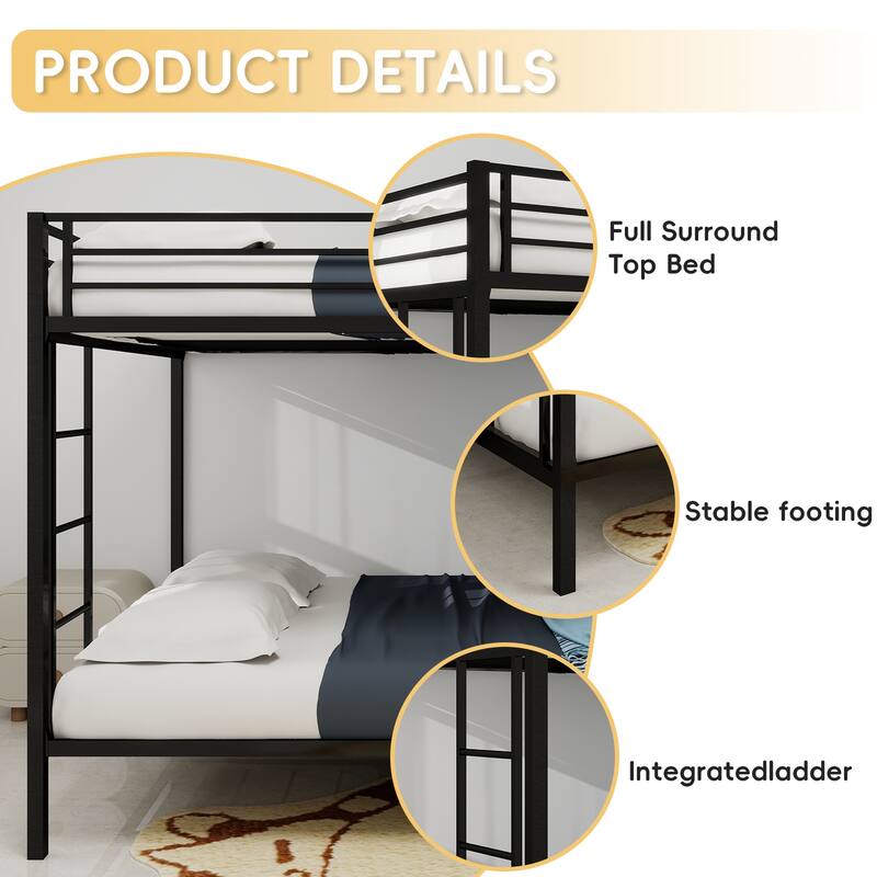 Multi -Functional Square Tube Iron Bunk Bed, Full - Size Upper & Full - Size Lower Bed, Robust Metal Frame Resists Wear