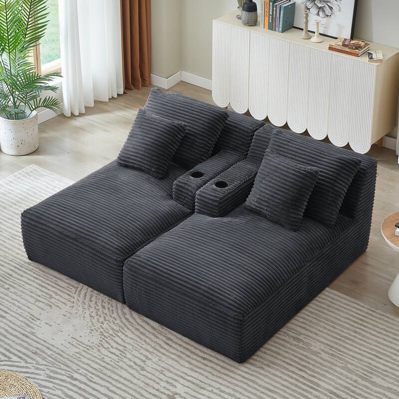 Roomfitters Double Chaise Lounge with Cup Holders and Plush Corduroy Upholstery, No Assembly Modern Sleeper Loveseat