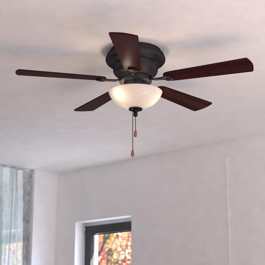 Expo 42 in. Noble Bronze Low Profile Flush Mount Ceiling Fan, Reversible Dark Bronze-Driftwood Blades, LED Light Kit, Pull Chain