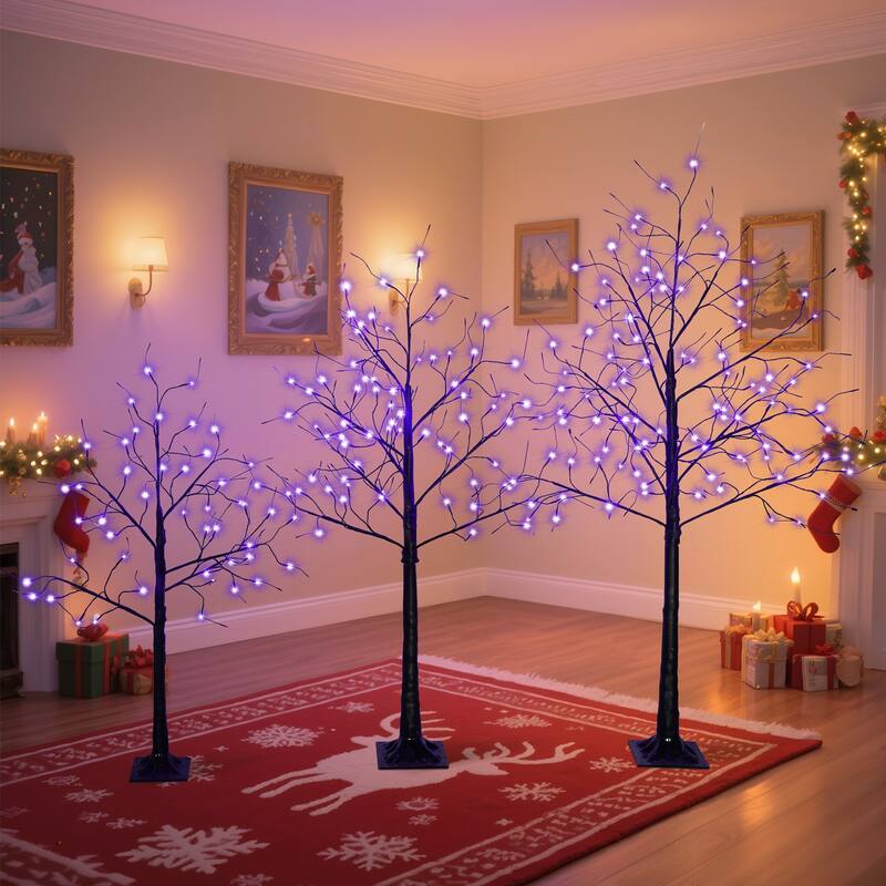 4FT & 5FT & 6FT Birch Christmas Tree Set, LED Lighted, Pack of 3 - 4 Foot - Purple