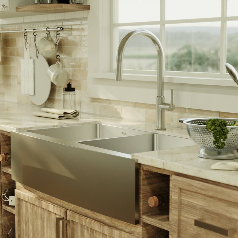 Karran Elite Apron-Front Stainless Steel 36 in. 16-Gauge Double Bowl Farmhouse Kitchen Sink Kit