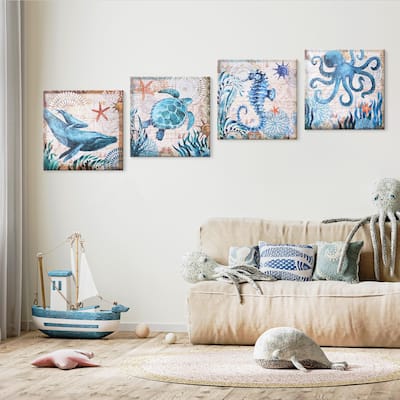 Monterey Bay Nautical Ocean Vintage Canvas Wall Art Print, 4 Piece Set
