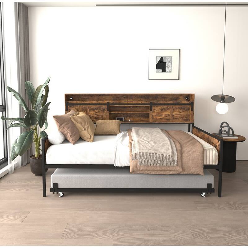 Twin Daybed with Trundle, Farmhouse Daybed Frame with Sliding Barn Door Headboard and Charging Station & LED Light for Bedroom
