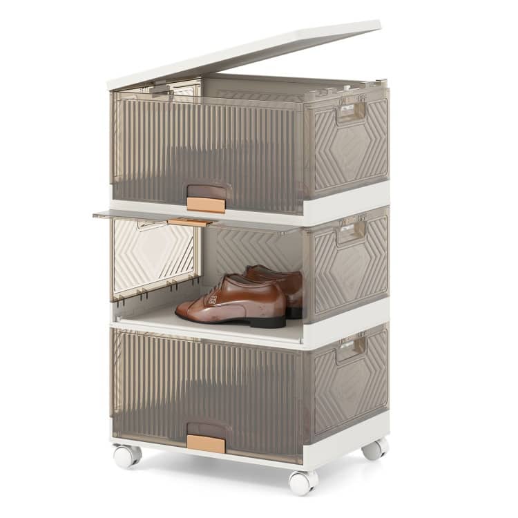 White-Brown PP and ABS Stackable Storage Bin with Wheels, Foldable Cubes