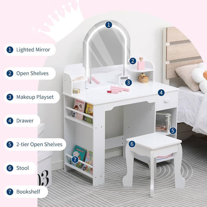 2 in 1 Kids Vanity Table & Stool with Lighted Mirror, Bookshelf and Makeup Palyset