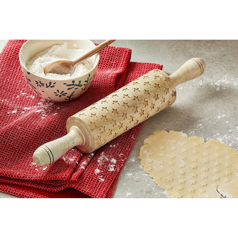14" Stars Embossed 4th Of July Patriotic Cooking Rolling Pin - Natural