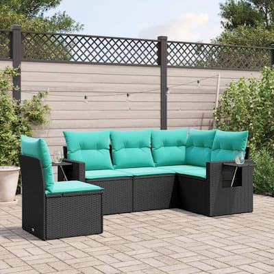 vidaXL 5 Piece Patio Sofa Set with Cushions Black Poly Rattan