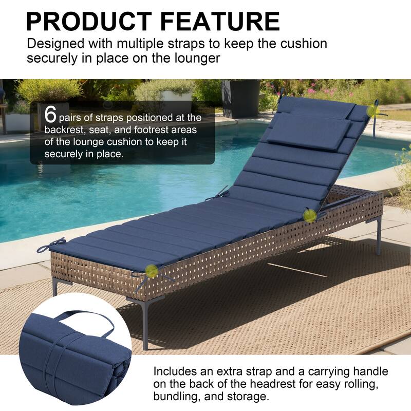 Outdoor Chaise Lounge Cushion Quilted Patio Sun Lounger Pad with Straps