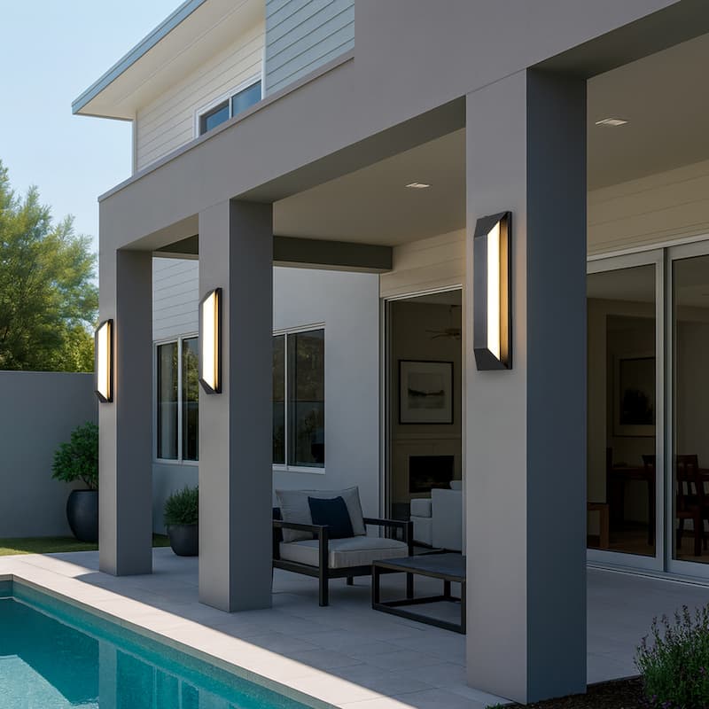 H22" Large Dusk to Dawn Modern Integrated LED Exterior Wall Sconce with Black Trapezoid Design and Acrylic Shade for Garage
