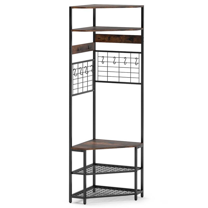 Gymax 5-Tier Corner Hall Tree w/ Shoe Storage Bench 12 Metal Hooks for
