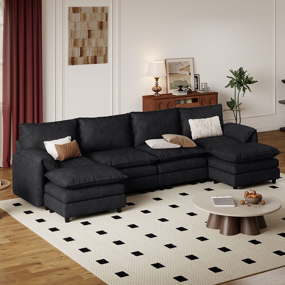 Moasis 142 Inch Modular Velvet Sectional Sofa with Movable Ottoman and Pillow Armrest for Living Room
