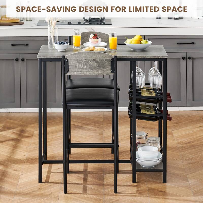 Bar Table Set of 2 with Footrest, Kitchen Dining Table with 2 Upholstered Chairs