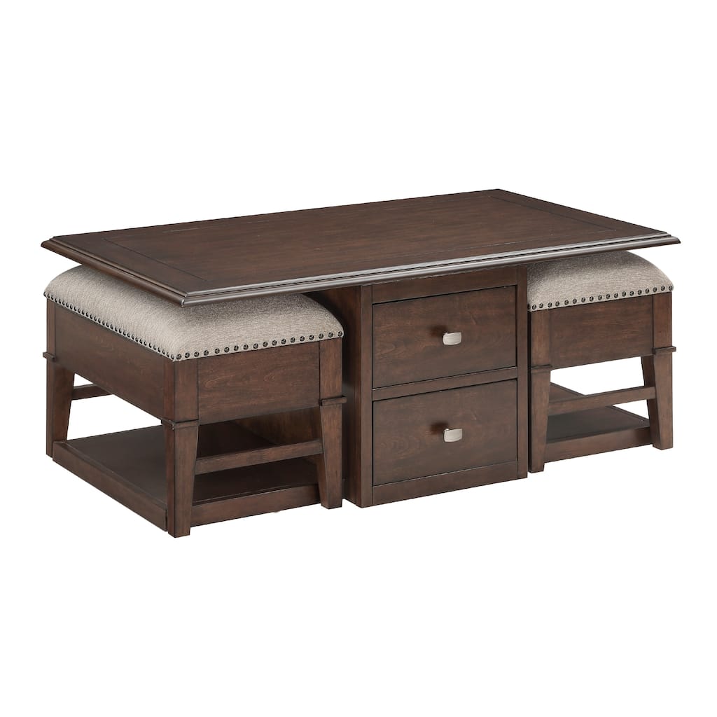 Merry Coffee Table with 2 Nesting Ottomans, Brown Wood, Beige