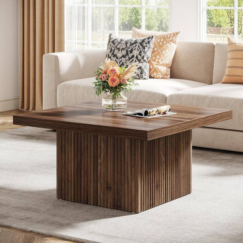 31.5 Brown Wood Square Coffee Table, Large Fluted Coffee Table for Living Room